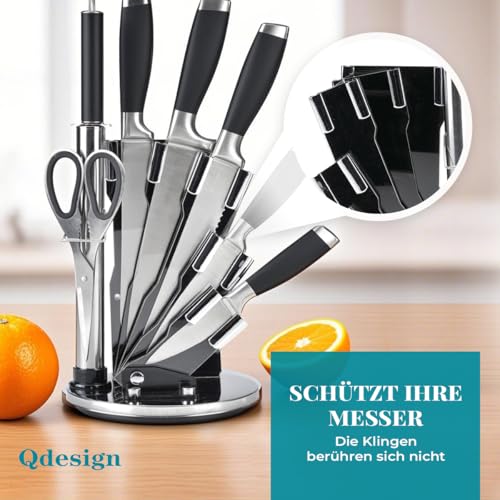 QDESIGN Messerhalter aus Acryl, drehbarer 360°-Messeraufbewahrungsblock mit 5 Messerschlitzen, Schere & Schleifstabrohr, rutschfeste Basis/Schwarz Transparent