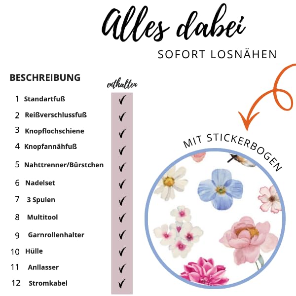 FEIYUE Flora Rosé Nähmaschine, 34 Stiche, LED, Freiarm, 38×16×28 cm, 6,4 kg, 100 W Servo, Elektrisch