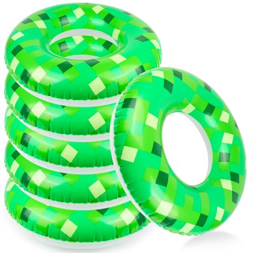 6PCS 24Inch Green Pixel Themed Inflatable Pool Floats - Vibrant Pool Floats for Summer & Pool Tubes for Kid - Durable Party Decorations for Themed Pool Parties,Game Night Events & Backyard Water Fun