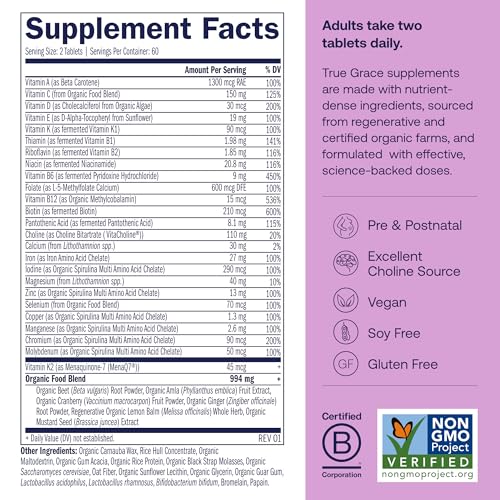 Image of True Grace Prenatal Multivitamin Refill Pouch - 120 Vegan Tablets - Supports a Healthy Mom & Baby with Methylfolate & Choline for Fetal Brain Development - Gluten Free, Soy Free - 60 Servings