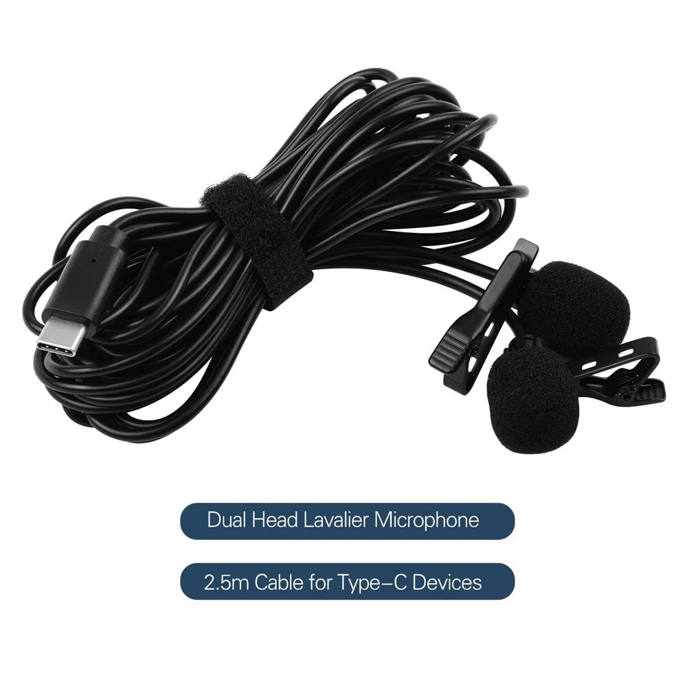 Microfono a Bavero Lavalier Microfono omnidirezionale a Clip Cavo a Doppia Testa da 2,5 m per USB di Tipo C per Registrazione Video di interviste