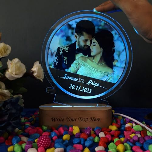 Image of Personalized Digital UV Printed 3D Illusion Photo LED Table Lamp for Couple Gift for Anniversary, Wedding, Marriage, Valentine Day- Your Wooden Base Text Egraved, Multicolor Light- 22CM