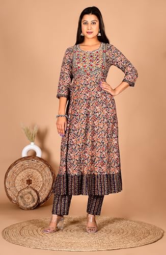 Image of Women's Cotton Embroidered Anarkali Kurta with Pant & Dupatta Set