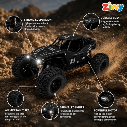 Image of Big Black Remote Control Car | Rock Crawler | LED Headlight | Rechargeable Battery with Type c Charger | 100m Range | Smoke | Toy Car for Kids & Boys 7-14 Years | Birthday Gift for Kids