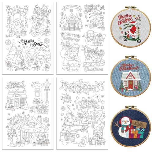 Image of Peacoblue Water Soluble Embroidery Patterns for Beginners, Christmas Santa Claus House Tree Sleigh 4 Sheets with 14pcs, Wash Away Embroidery Pattern Stabilizer for Hand Sewing Lover Women Adults