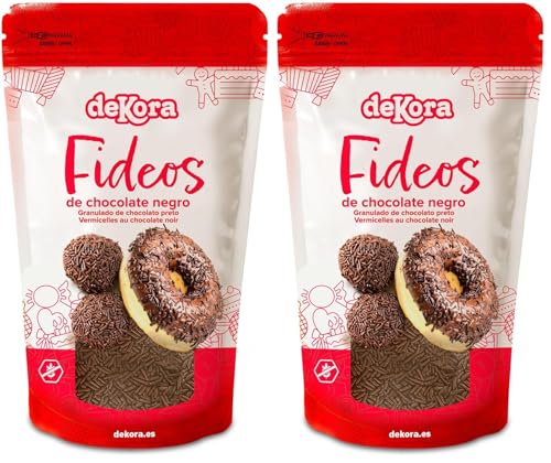 dekora Fideos de Chocolate 100 g – Topping sin gluten, Decoración comestible para Tartas, Postres y Cupcakes – Sprinkles de Cacao para Repostería Creativa (Paquete de 2)
