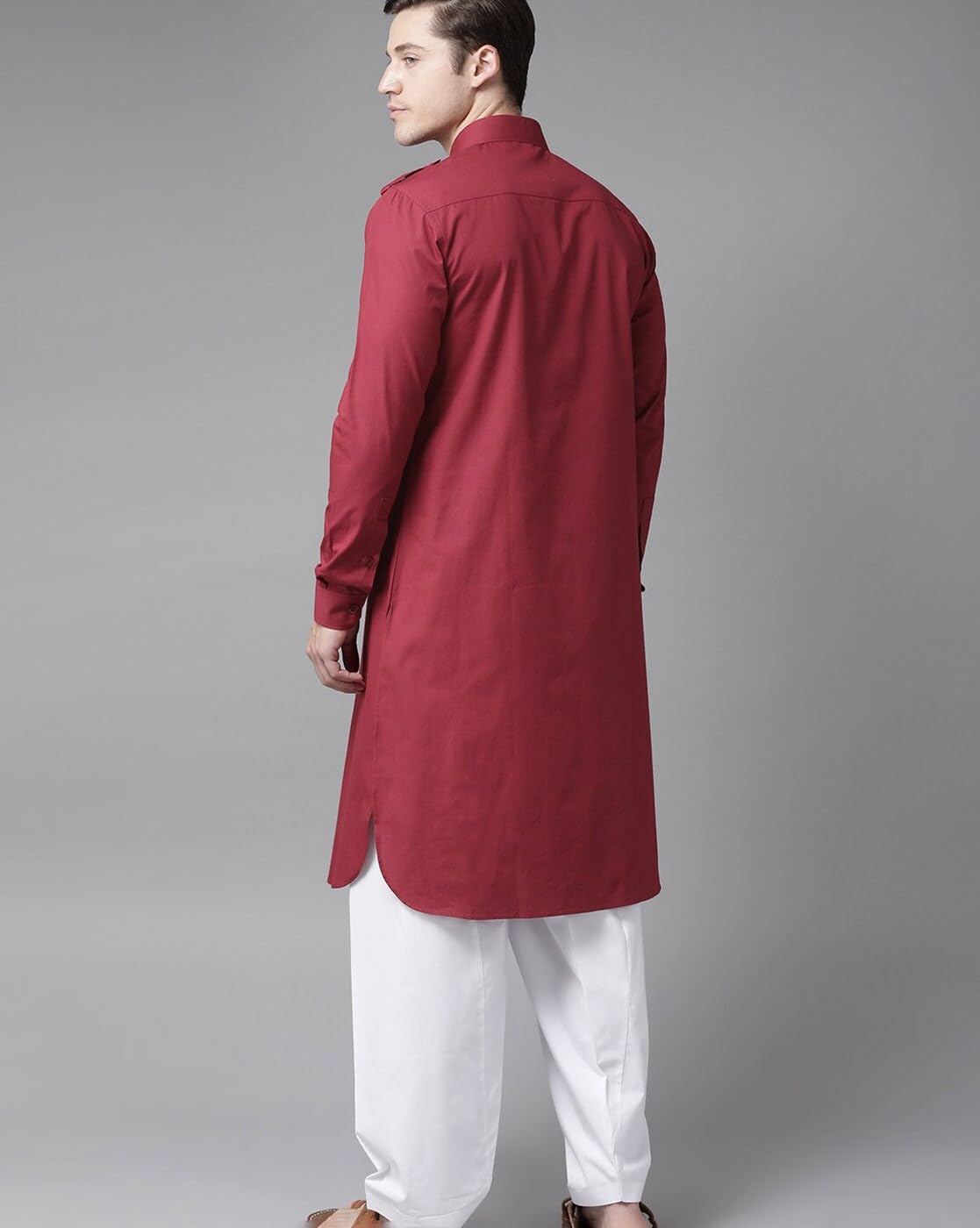 See Designs Men's Solid Cotton Curved Hemline With Shirt Collar Maroon Full Sleeve Pathani Kurta With Salwar - Sdkt604Xs