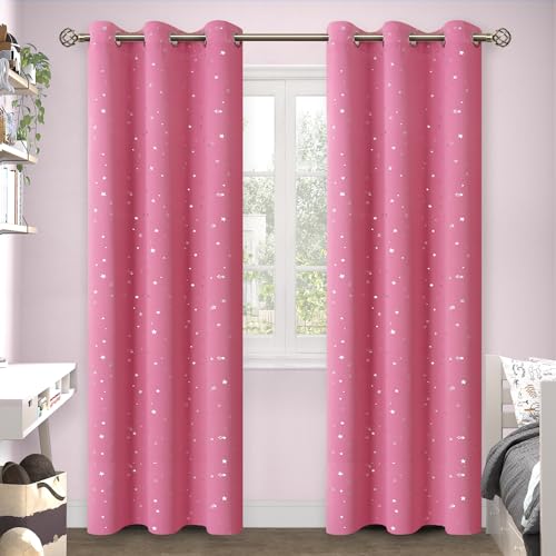 Image of BGment Pink Star Blackout Curtains for Kid's Bedroom - Grommet Thermal Insulated Room Darkening Printed Curtains for Girl Room, Set of 2 Panels, 38 x 84 Inch