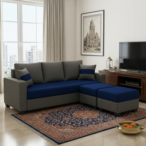Image of FURNY Aura 5 Seater L Shape Sofa Set with 2 Movable Ottoman | Flexible Left or Right Layout | Plush Velvet Fabric (Dark Blue-Dark Grey) | Perfect for Living Room, Guest Room & Office