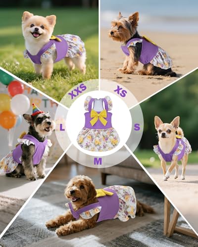 Image of CuteBone Dog Dress for Small Dogs Girl, Floral Summer Dresses with Bow & Ruffle Sleeve, UPF50+ Sun Protection, Cute Pet Clothes for Puppy for Birthday Wedding Party Beach ZSFX07L