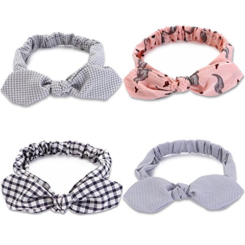 JIPIE 4-Pack of Assorted Elastic Twist Bowknot Headbands Fashion Chiffon and Cotton Fabric Head Wrap Bandeau Hair Ribbon for Women and Girls