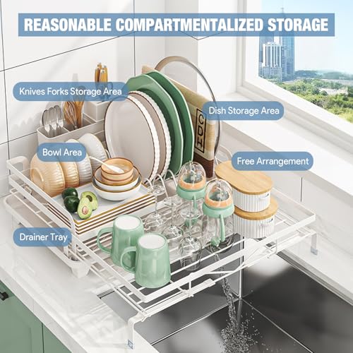 Image of DEVA Dish Drying Rack, Stretchable Large Dish Drainer Rack, Stainless Steel Kitchen Drying Rack with Utensil Rack and Drainer Plate, White