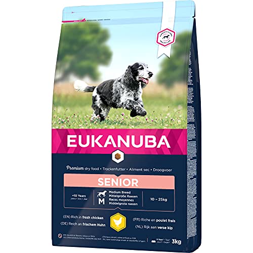 Eukanuba Hundefutter mit frischem Huhn für mittelgroße Rassen, Premium Trockenfutter für Senior Hunde, 3 kg