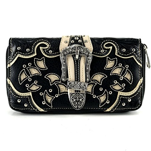 Justin West Western Studded Rhinestone Buckle Laser Cut Studded Shoulder Tote Handbag Purse Wristlet Wallet (Black Wristlet Wallet) #TOP1