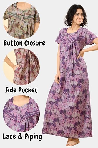 Image of GLAMORAS Bizzy Lizzy Cotton Nighty Gown with Side Pocket for Women | Regular, Digital Printed & Full Length Maxi Night Gown | Night Wear Maxi Gown for Women | Size: M-2XL