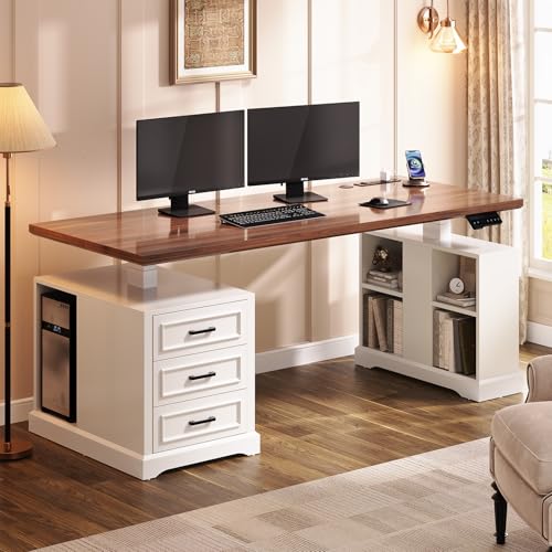 SEDETA Farmhouse Electric Standing Desk, 63' Height Adjustable Computer Desk with 3 Drawers, Storage Shelves, Power Outlets, Wood Home Office Stand up Desk for Work, Study, Writing, White