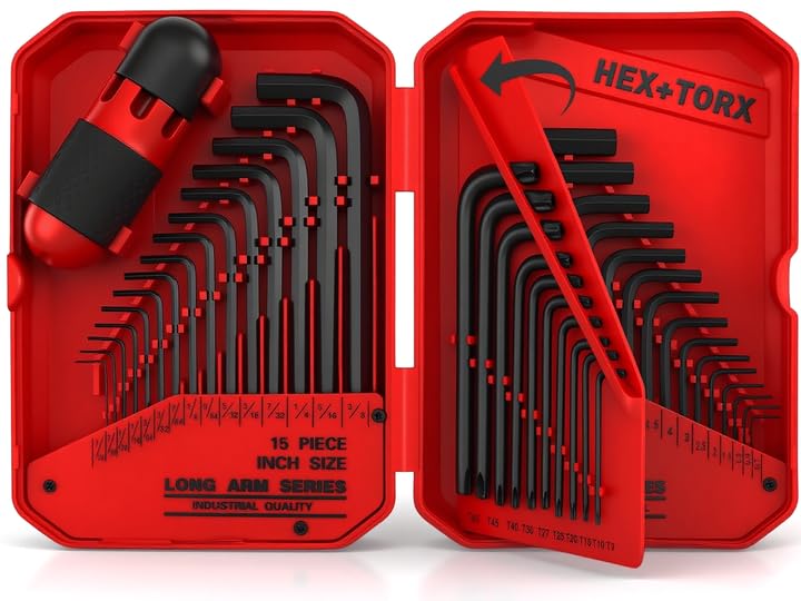 41-Piece Hex Key Allen Wrench Set, L Shape Hex and Torx Key Wrenches with Torque Handle | SAE(0.028"-3/8") | Metric(0.7mm-10mm) | Torx(T9-T50) in 3-Layer Storage Case, Heat Treated Cr-V Steel