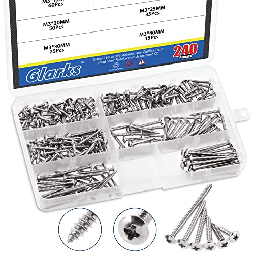 Glarks 240Pcs M3x12mm/16mm/20mm/25mm/30mm/40mm 304 Stainless Steel Phillips Truss Head Sheet Metal Tek Screws Assortment Kit