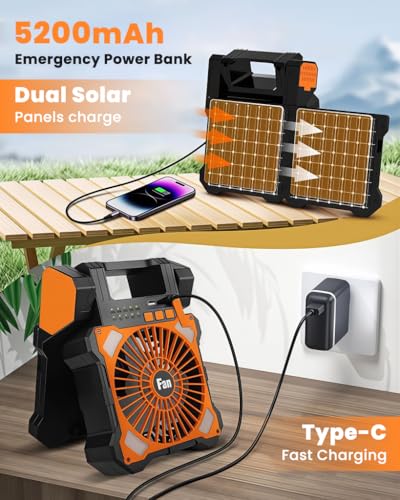 Image of HASTHIP Rechargeable Fan for Home 5200mAh Solar Powered & 90 Foldable LED Camping Fan Battery Fan Rechargeable Big Size with Dual USB Interfaces, 5 Airflow Speeds & Dimmable Light with Handle & Hook