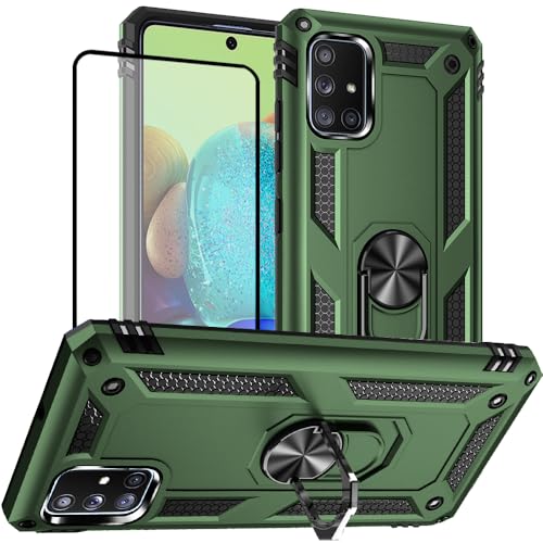 Coque Samsung A71 5G avec protège-écran et anneau vert militaire