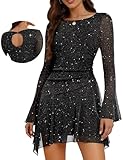 Aupuls Bell Sleeve Sequin Modest Prom Dress Glitter Going Out Dresses for Women Club Sexy Masquerade Party Outfit AUPG026 Black L