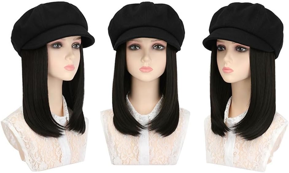 Hat Wig Wig Hat Removable Hat Wig Adjustable Removable Wig Hat Women's One-Piece Fashionable Short Straight Hair Octagonal Hat Wig Caps for Women (Color : C)