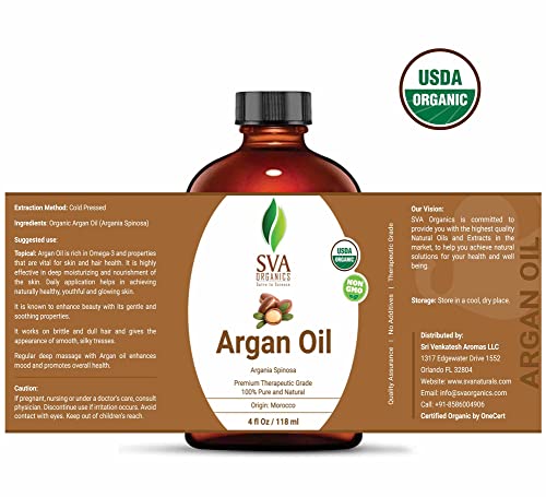 Sva Organics Argan Oil Organic Cold Pressed 4 Oz Usda 100% Pure & Natural Authentic Premium Therapeutic Grade Carrier Oil For Shiny Hair, Beard, Face, Dry Skin Care, Body Moisturizer #TOP1