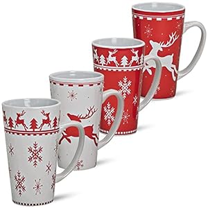 matches21 Jumbo Weihnachtstassen Tassen Becher 4-tlg. Set rot/weiß aus Keramik hergestellt je 14 cm / 450 ml