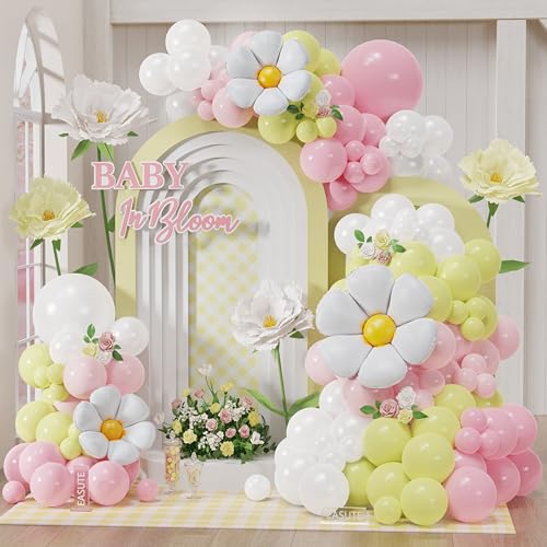 Décoration bébé fleurs sauvages avec ce kit de 139 ballons roses et blancs à motif marguerite