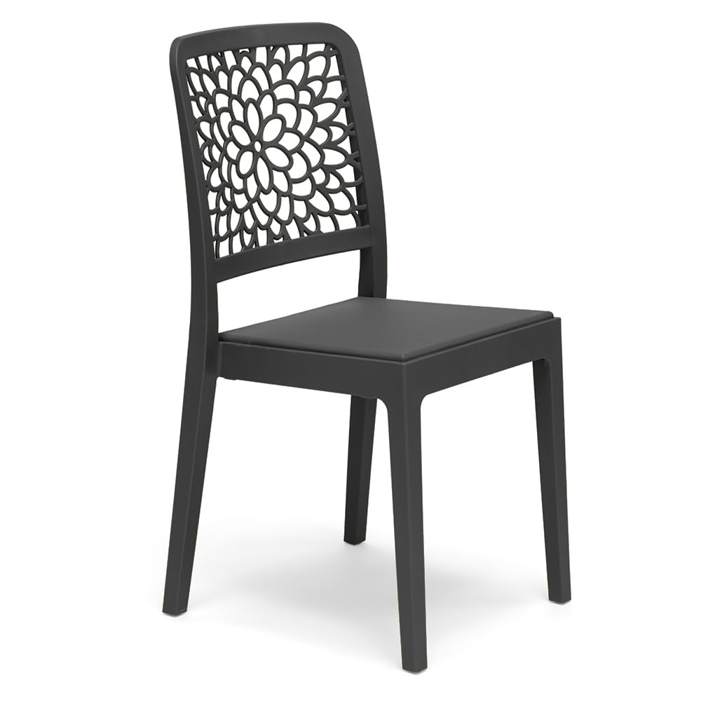 Set 6 sedie in polipropilene TICHE, MADE IN ITALY, impilabile, idrorepellente, resistenza raggi UV, design moderno floreale per sala da pranzo, cucina, bar, ristoranti, esterno (6, Antracite)