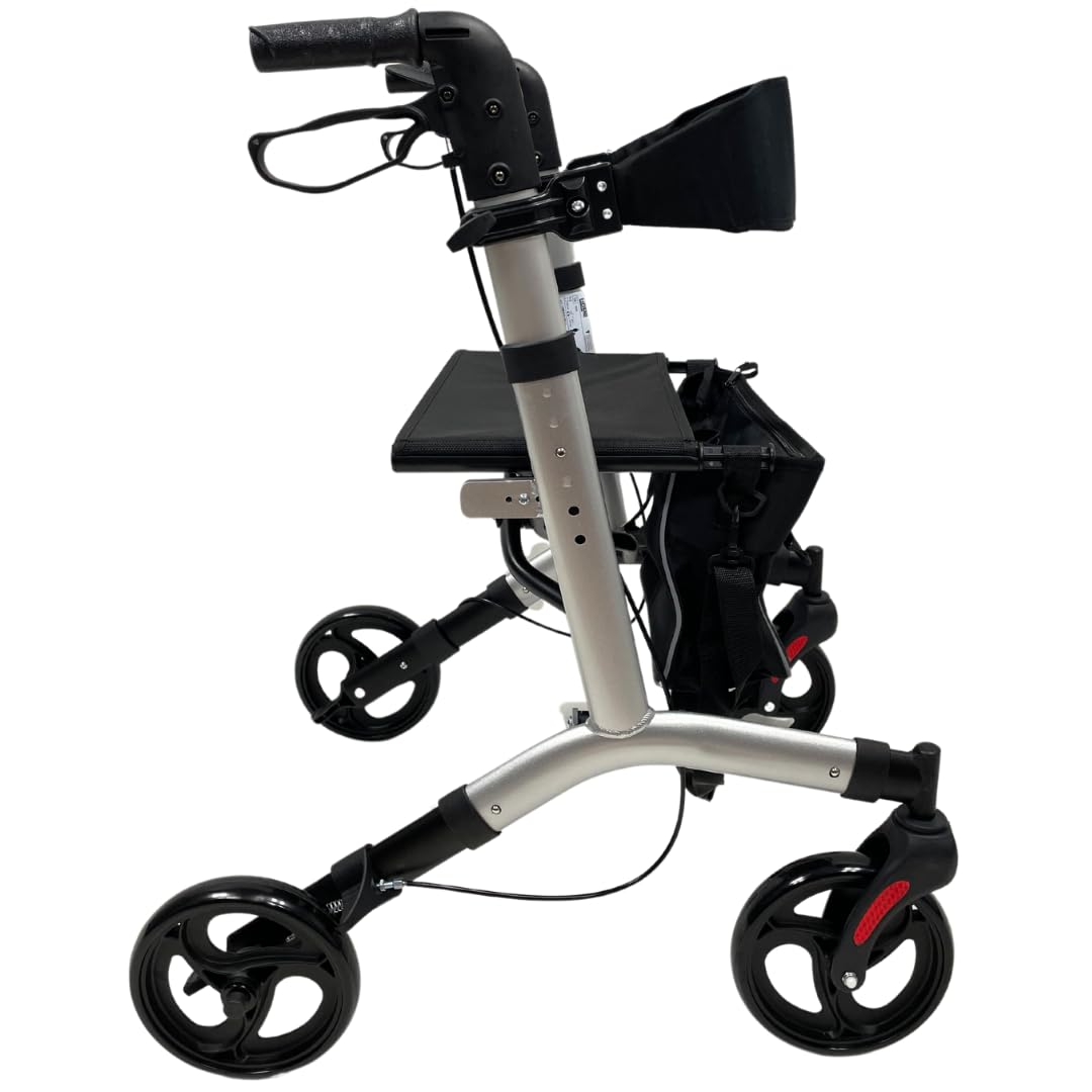 abc HOME Alu Rollator Leichtgewicht 7,3 kg – Klappbarer Reiserollator bis 130 kg – Gehhilfe mit Ankipphilfe, Sitz & Tasche – Höhenverstellbar & Silber/Schwarz