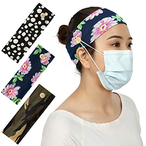 HDE Headbands with Buttons for Mask - 3 Pack of Yoga Headband with Button for Face Masks and Covers