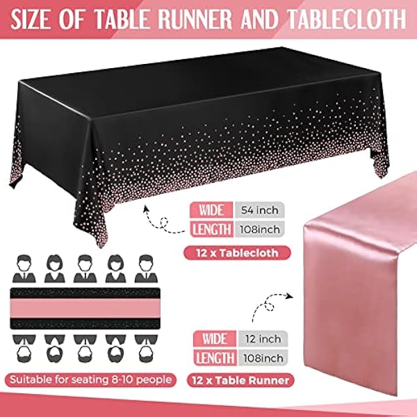 24 packs bruiloft satijnen tafelloper wegwerp plastic tafelkleden 54 x 108 inch tafelkleden voor feesten tafelkleed 12 x 108 inch tafellopers voor bruiloft verjaardag (zwart en roségoud)
