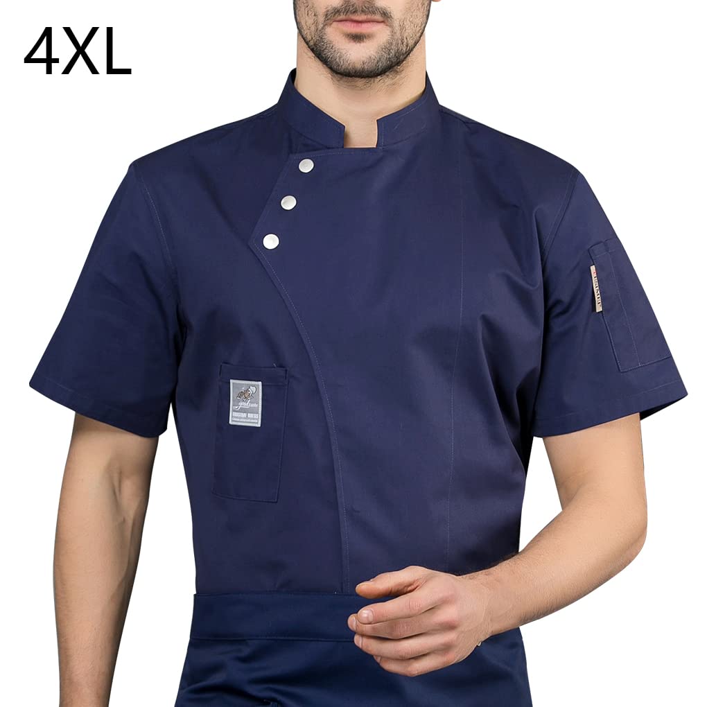 Kurtka szefa kuchni fartuch kuchenny trzy guziki z przednimi kieszeniami ubrania letnie koszule dla mężczyzn artykuły kuchenne do grilla restauracji niebieski XL