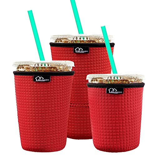 Image of Reusable Iced Coffee Insulator Sleeve for Cold Beverages and Neoprene Cold Coffee Cup Sleeves Cooler Cover 16-24OZ for Coffee, McDonalds, Dunkin Donuts, More (Embossed Red)