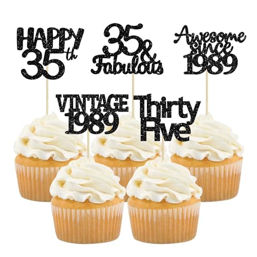 Gyufise 30 Pack Vintage 1989 Cupcake Toppers Black Glitter Thirty Five Happy 35 Cake Decorations Cheers to 35 Years Birthday Cupcake Picks 35th Birthday Anniversary Cake Decorations