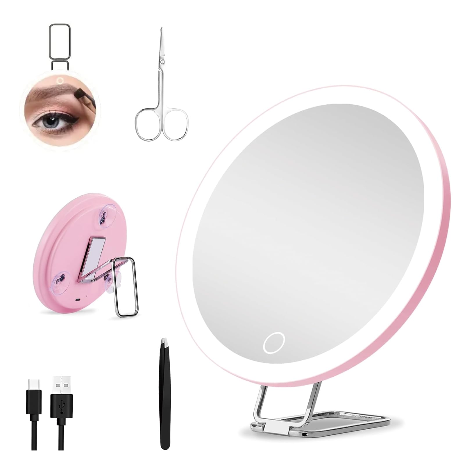 Magnify 30X Lighted Travel Mirror with Light, X30 Pocket Magnification Mirror for Women (Pink) with Stand, Sucker, Scissors, Tweezers