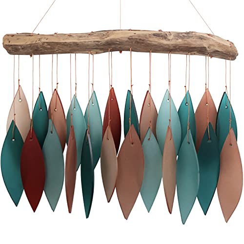 Blue Handworks Coral and Teal Glass & Driftwood Chime, Sandblasted Glass and Found Wood Handcrafted Wind Chime