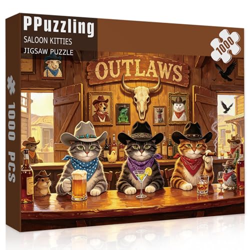 Vintage Saloon Cats Puzzles para adultos 1000 piezas, divertido rompecabezas de gato vaquero del oeste, escena de bar del viejo oeste, tema desafiante para amantes de gatos miniatura 2