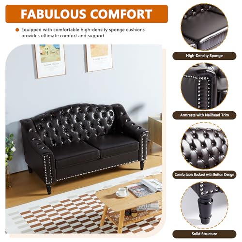Image of Chesterfield Loveseat, 55 inch Faux Leather Love Seat Sofa, Comy Small Sofa Counch with Camelback for Small Spaces, Mid Century Modern 2 Deep Seats Couch for Apartment Living Room (PU-Loveseat, Brown)