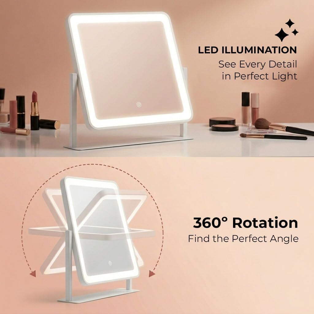 Vanity Mirror with Lights, 12"×14" Makeup Mirror with Lights, LED Makeup Mirror, Smart Touch with 3 Color Lighting Modes, Brightness Adjustable, for Bedroom Tabletop - White