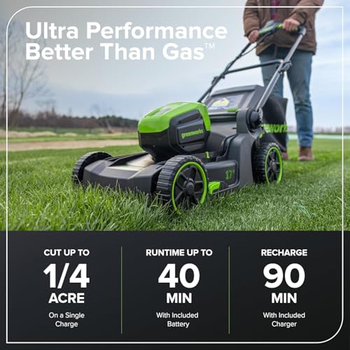 Image of Greenworks 60V 17in Brushless Cordless Push Lawn Mower, 2-in-1 Mulching /Bagging, 4.0Ah Battery and 3A Charger(40min Runtime), Extra Mower Blade