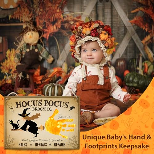 Image of Hocus Pocus Broom Co DIY Handprint Wooden Sign, 7x10in Vintage Halloween Witch Decor, DIY Baby's First Halloween Signs, Holiday Craft, Gift for Kids Toddler, New Mom, New Dad, Memory Keepsake