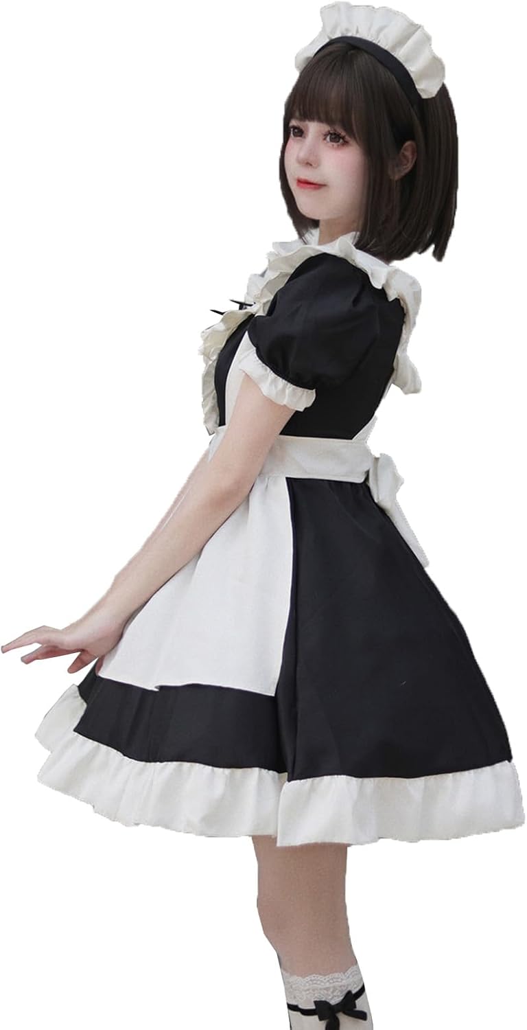 Women's Sweet Lolita Maid Dress Strappy Apron Ruffled Cosplay Costume