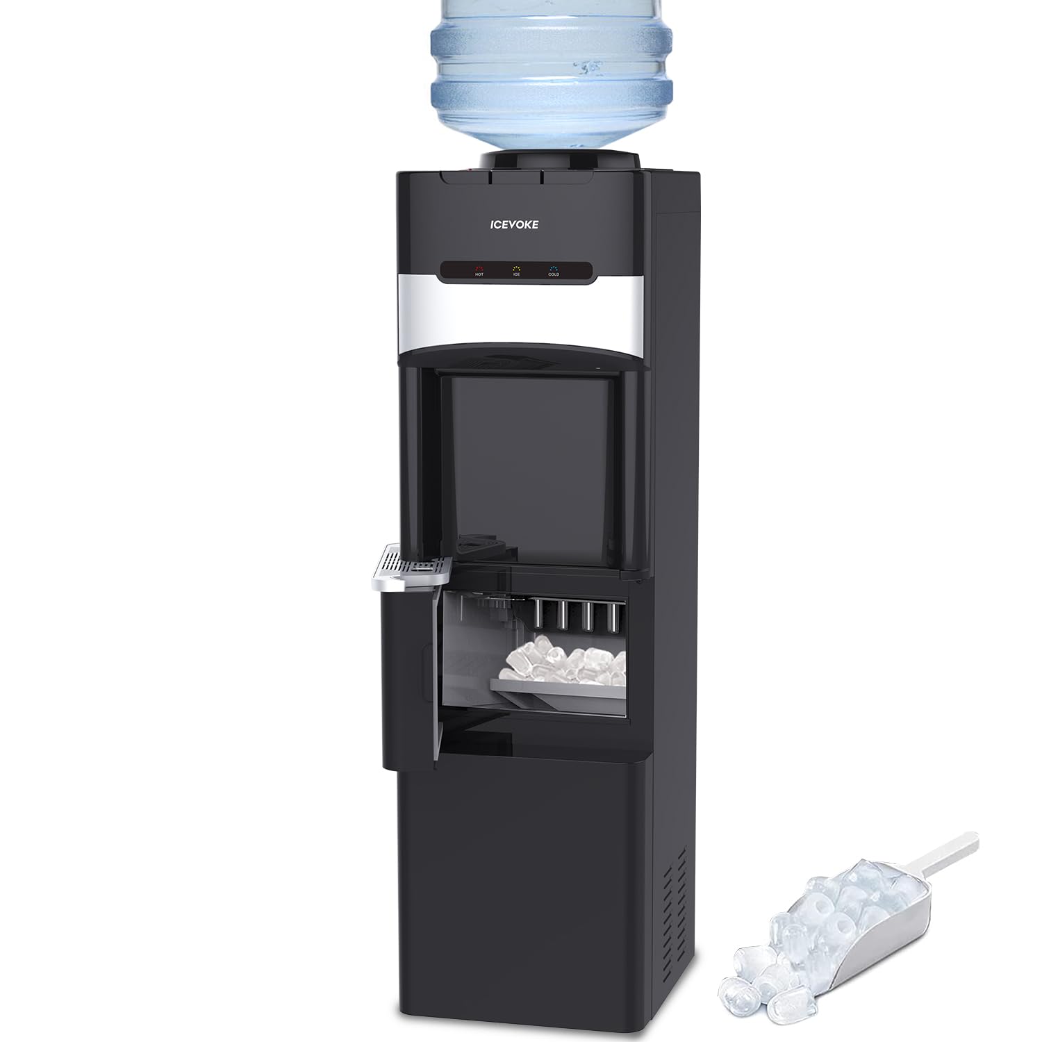 Water Dispenser with Ice Maker, Top Loading Hot and Cold Water Cooler for 3 or 5 Gallon Bottles - Child Safety Lock - Water Machine for Home, Office, Black