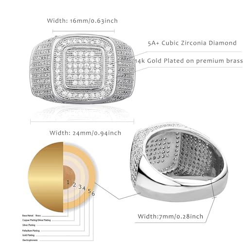 JINAO Men Ring 14K Gold Plated Cluster Iced Out Lab Simulated Diamond Band Micropave Bling Ring for Women (silver,8) - Thumbnail 2