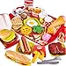 BUYGER 63 Pezzi Accessori Cucina Cibo Giocattolo per Bambini, con Hamburger Pizza Vassoio Alimenti Finti Giocattoli, Giochi di Ruolo Regalo per Bambini 3 Anni