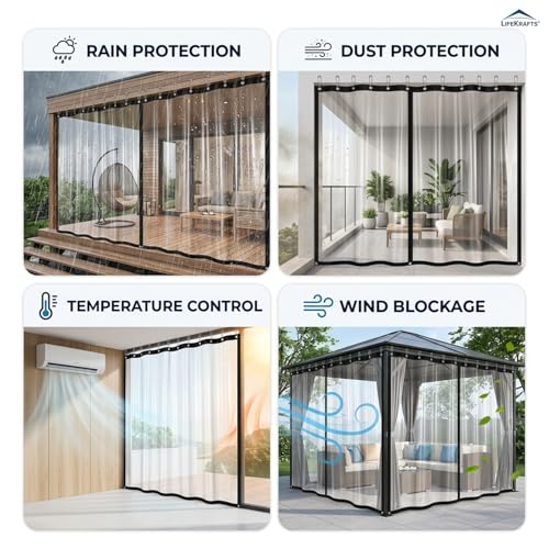 Image of Lifekrafts Outdoor Transparent PVC Rain Curtain for Balcony - Waterproof, Wind & Dust Protection | Partition Screen | for Terrace, Pergola, Patio & Verandah - 4.5ft x 8ft,Pack of 1