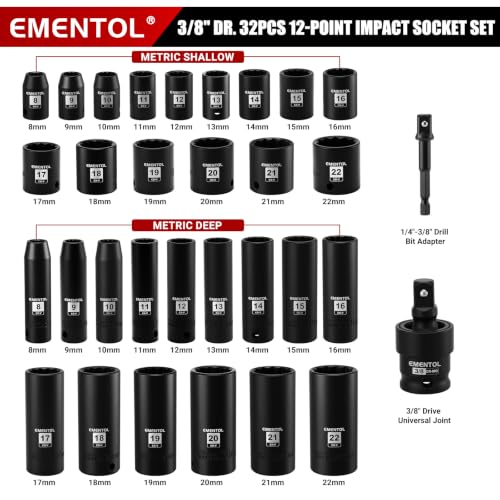 Image of EMENTOL 32Pcs 3 /8 inch Dr. Impact Socket Set, 8-22mm, 12-Pt, CR-V