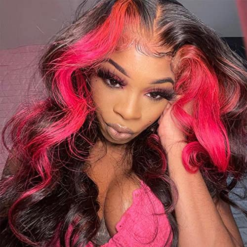zikria Skunk Stripe Wig Pink Red Lace Front Wigs Human Hair 13X4 HD Lace Front Wigs Human Hair 180% Density Black and Pink Colored Humen Hair Wigs Pre Plucked with Baby Hair 28 Inch